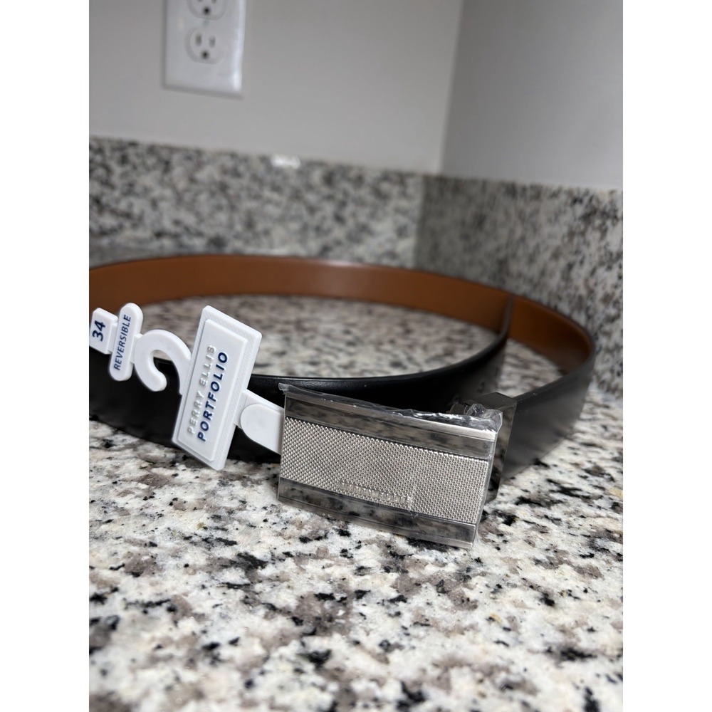 Perry Ellis Reversible Leather Belt Black/Brown With Silver Plaque Size 34 NWT